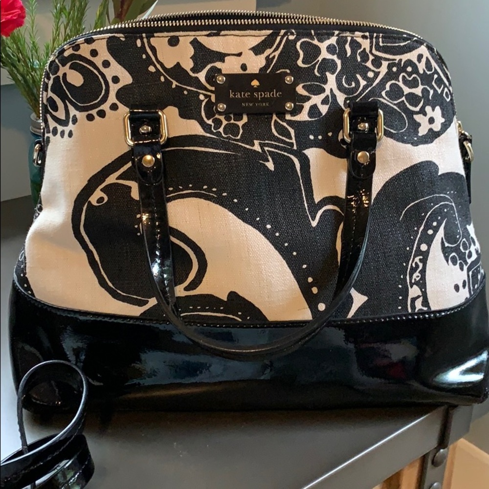 Kate Spade patent leather paisley canvas handbag.